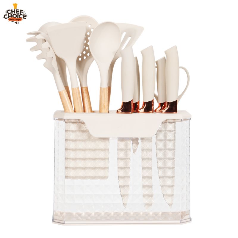 CHEFCHOICE - Set 13 Utensilios Cuchillos Cocina Acero Inoxidable Silicona Crema