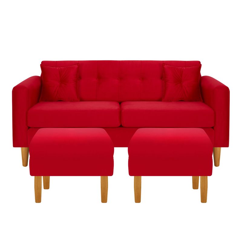 BODEVIR - Sofa New Retro 3C+2 Pouf Felpa 04 Rojo