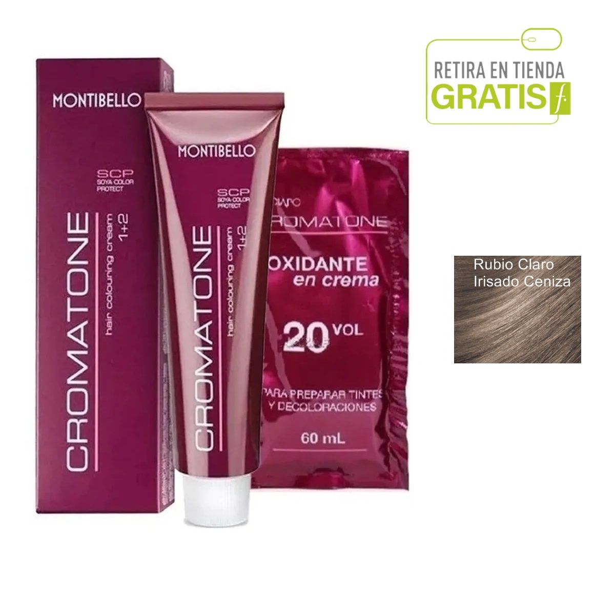 MONTIBELLO - Tintura Permanente Cromatone 8.21 Rubio Claro Irisado Ceniza+  Oxidante