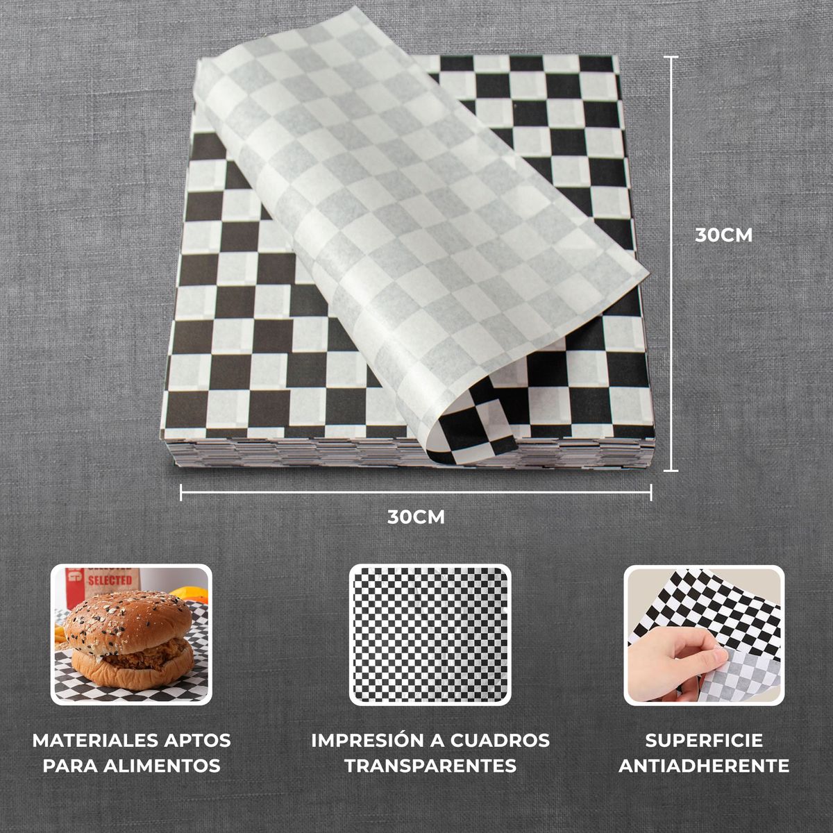 GENERICO - Papel Antigrasa Cuadros Negros 33x33cm 1 X 100 Hojas