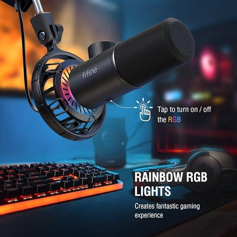 FIFINE - Micrófono para Streaming Fifine K658, Cardioide Dinámico, Plug & Play, RGB, Negro