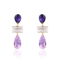 VANE COLLECTION - Aros para mujer pegado colgante fino baño de oro circón morado y rosado