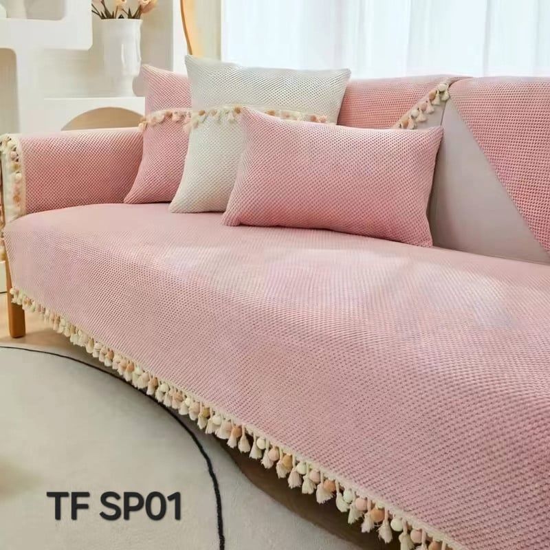 ANGELES DEL HOGAR - MANTA PARA SOFA BORDADA CON POMPONES 3 CUERPO 180X70  ROSA