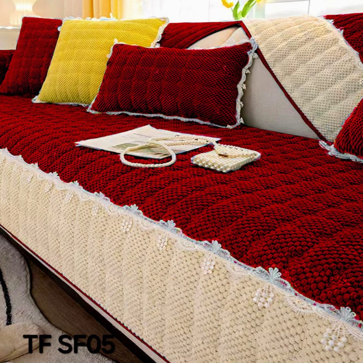 ANGELES DEL HOGAR - MANTA PARA SOFA TEJIDO BORDADO70CM X 70 CM  ROJO