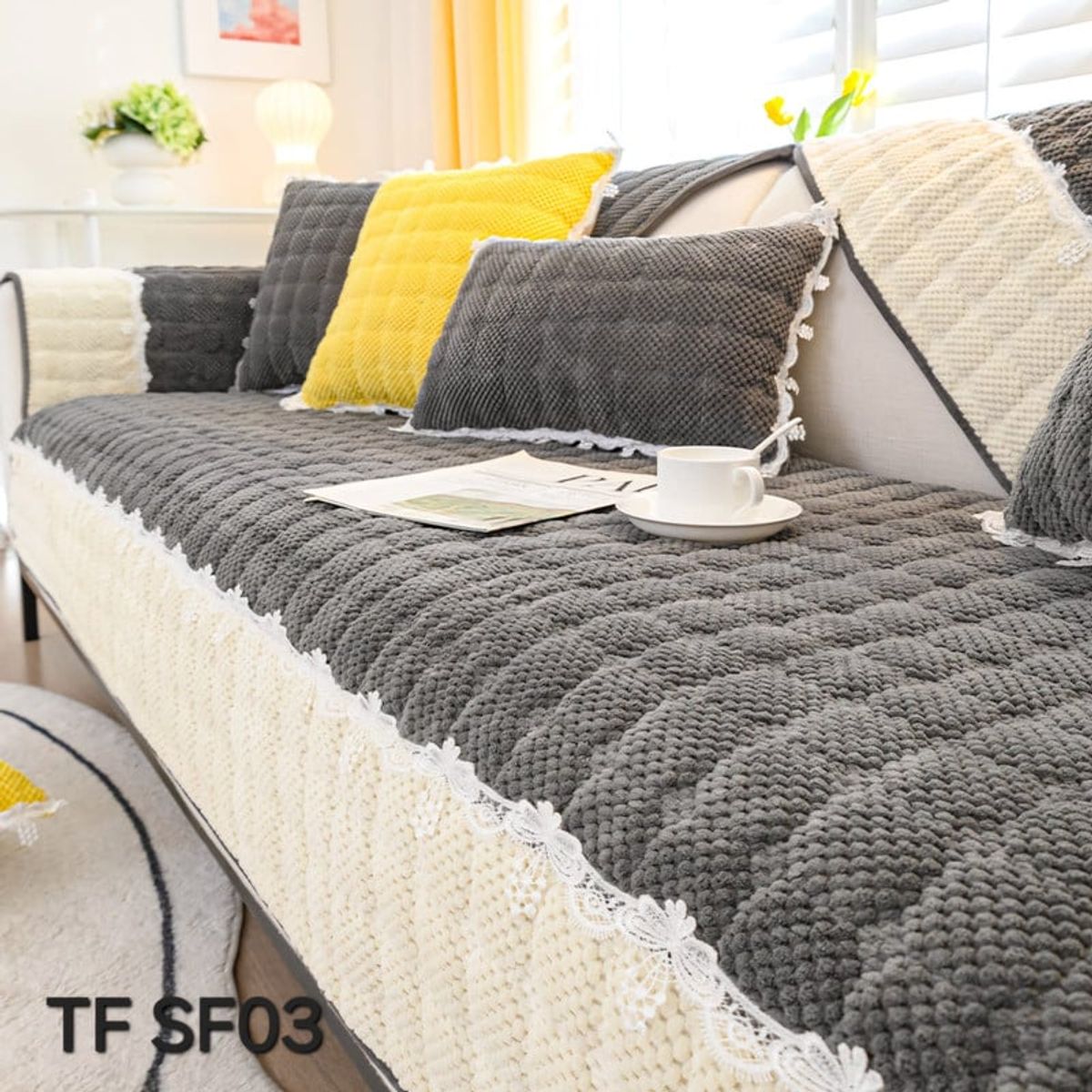 ANGELES DEL HOGAR - MANTA PARA SOFA TEJIDO BORDADO70CM X 70 CM  GRIS