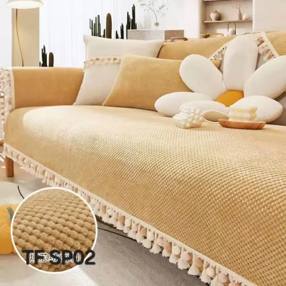 ANGELES DEL HOGAR - MANTA PARA SOFA BORDADA CON POMPONES 3 CUERPO 180X70  BEIGE