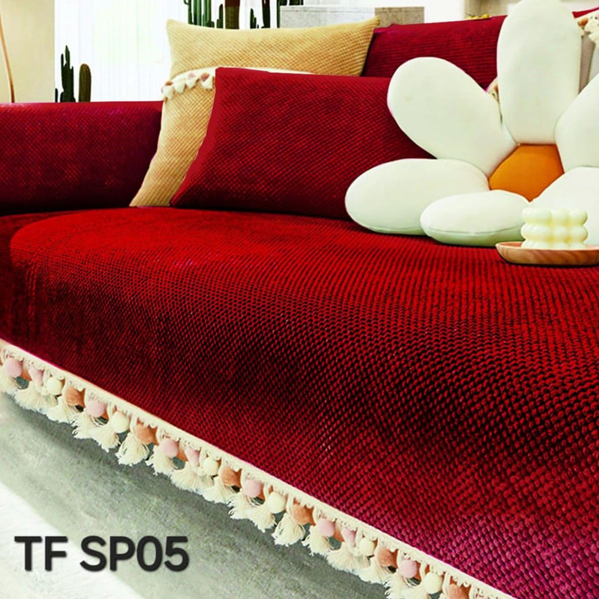 ANGELES DEL HOGAR - MANTA PARA SOFA BORDADA CON POMPONES 3 CUERPO 180X70  ROJO