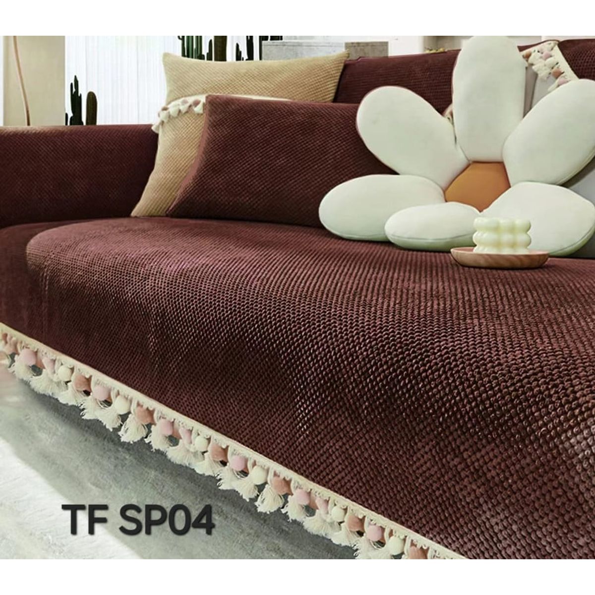 ANGELES DEL HOGAR - MANTA PARA SOFA BORDADA CON POMPONES 1 CUERPO 180X70  CAFÉ