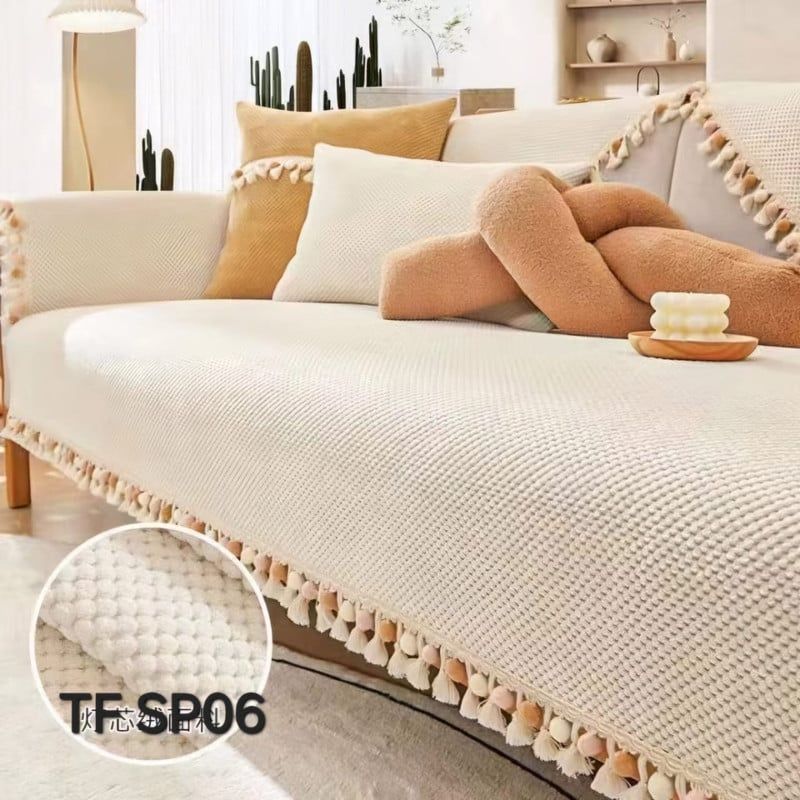 ANGELES DEL HOGAR - MANTA PARA SOFA BORDADO CON POMPONES 70 CM X 70 CM  BLANCO INVIERNO