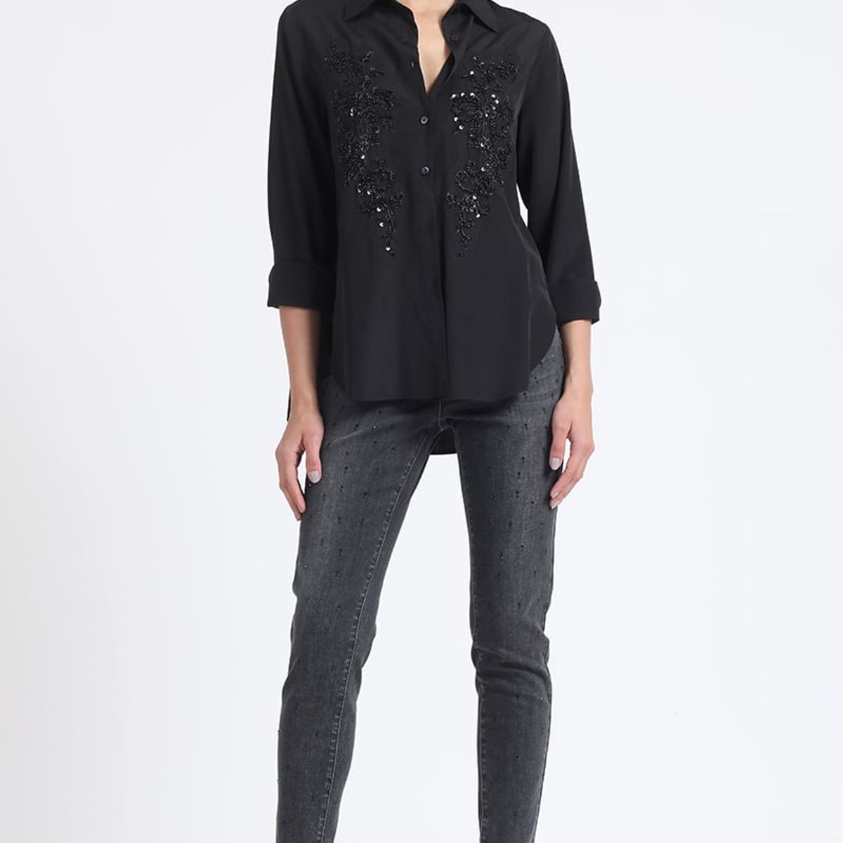 LIOLA - Blusa Aplicación Bordado, Negro Liola