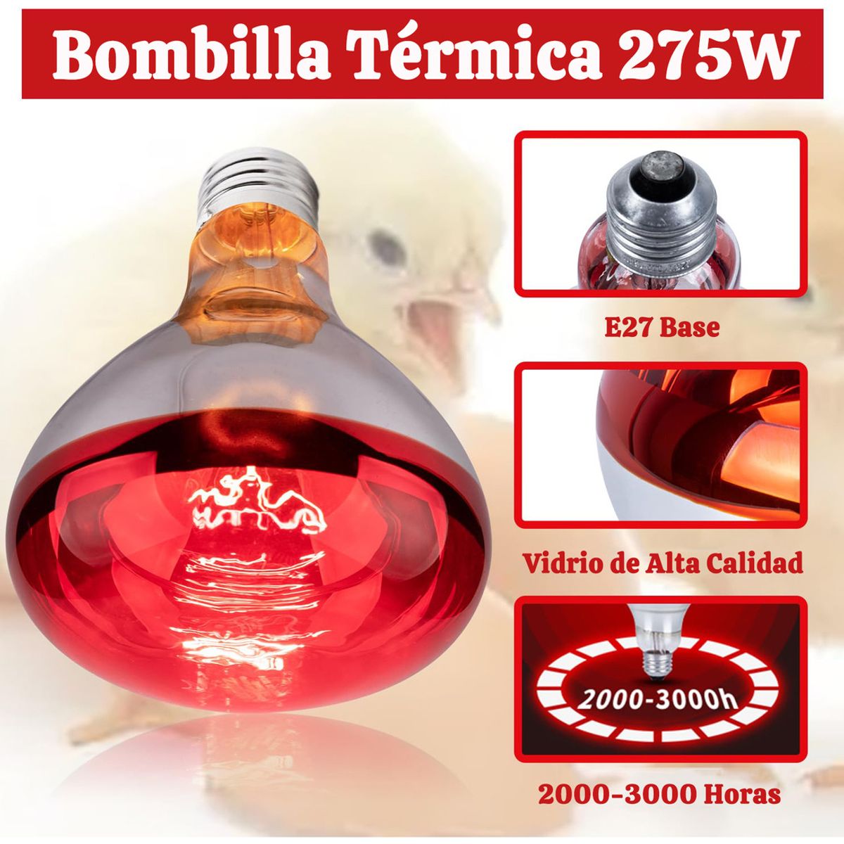 GENERICO - Bombilla Infrarroja Calor Pollo Reptil Fisioterapia 275wE27