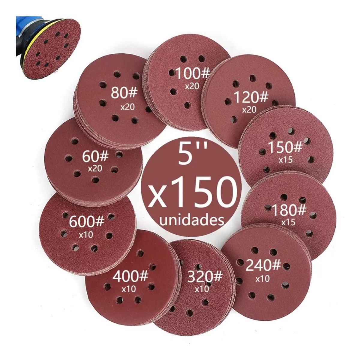 EVERSO - 150 Disco De Pulir Con Velcro 5'' 125mm P60-600 Madera Metal