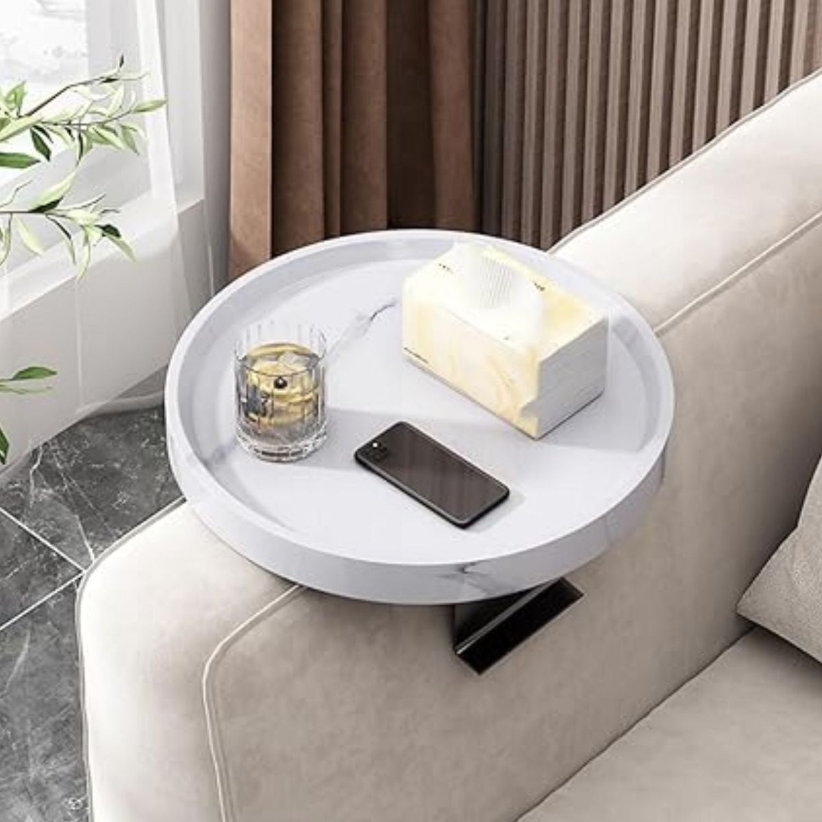 SANTU HOME & DECO - Mesa Brazo de Sofá Estilo Blanco Mármol