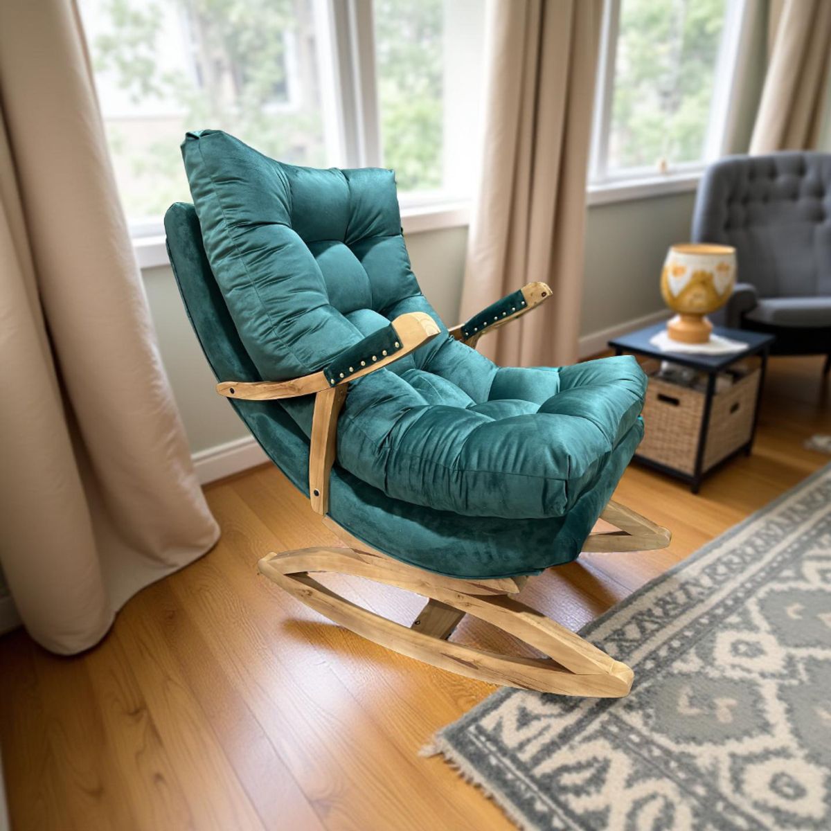 MUEBLES NEW - SILLA MECEDORA COQUETTE CON APOYA BRAZO VERDE ESMERALDA FELPA.