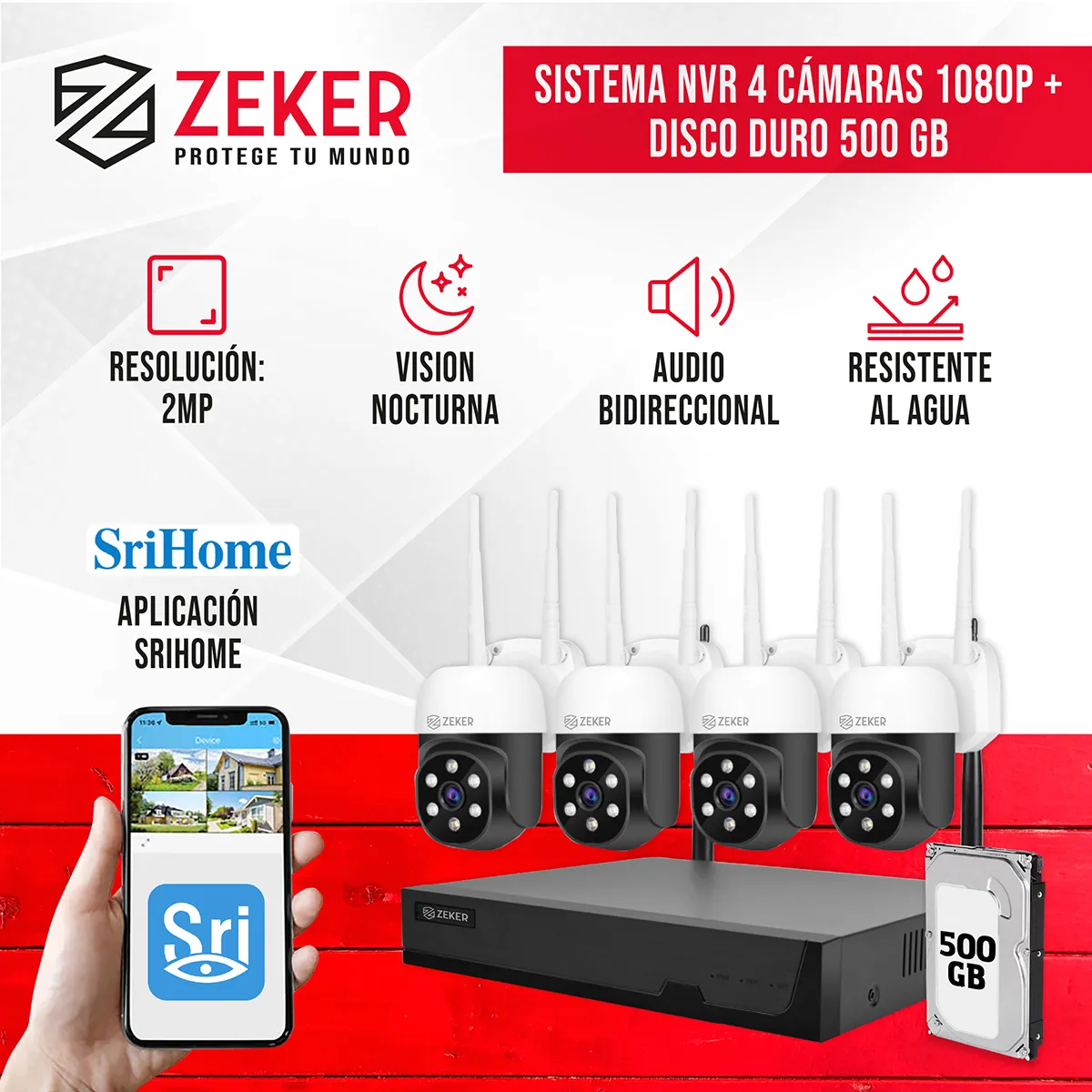 ZEKER - Kit Nvr Camaras Zeker Seguridad FHD 1080p + Disco Duro 500gb