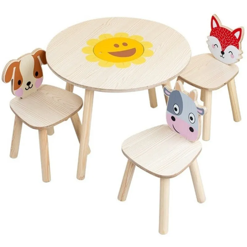 GENERICO - Mesa y 3 Sillas de Madera para Niños y Niñas