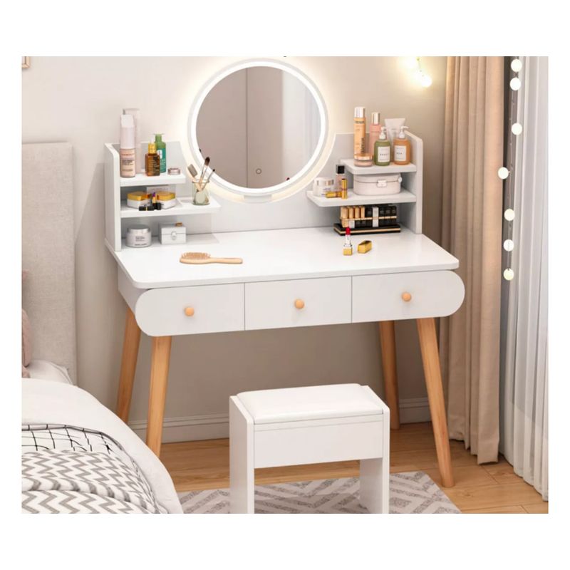 GENERICO - Tocador Madera Espejo Con Luz 100 Ancho*40*120cm con taburete blanco