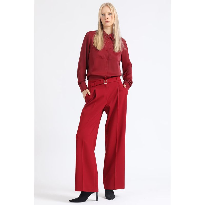 LIOLA - Pantalon Recto Con Pinzas Tiro Alto, Vino Liola