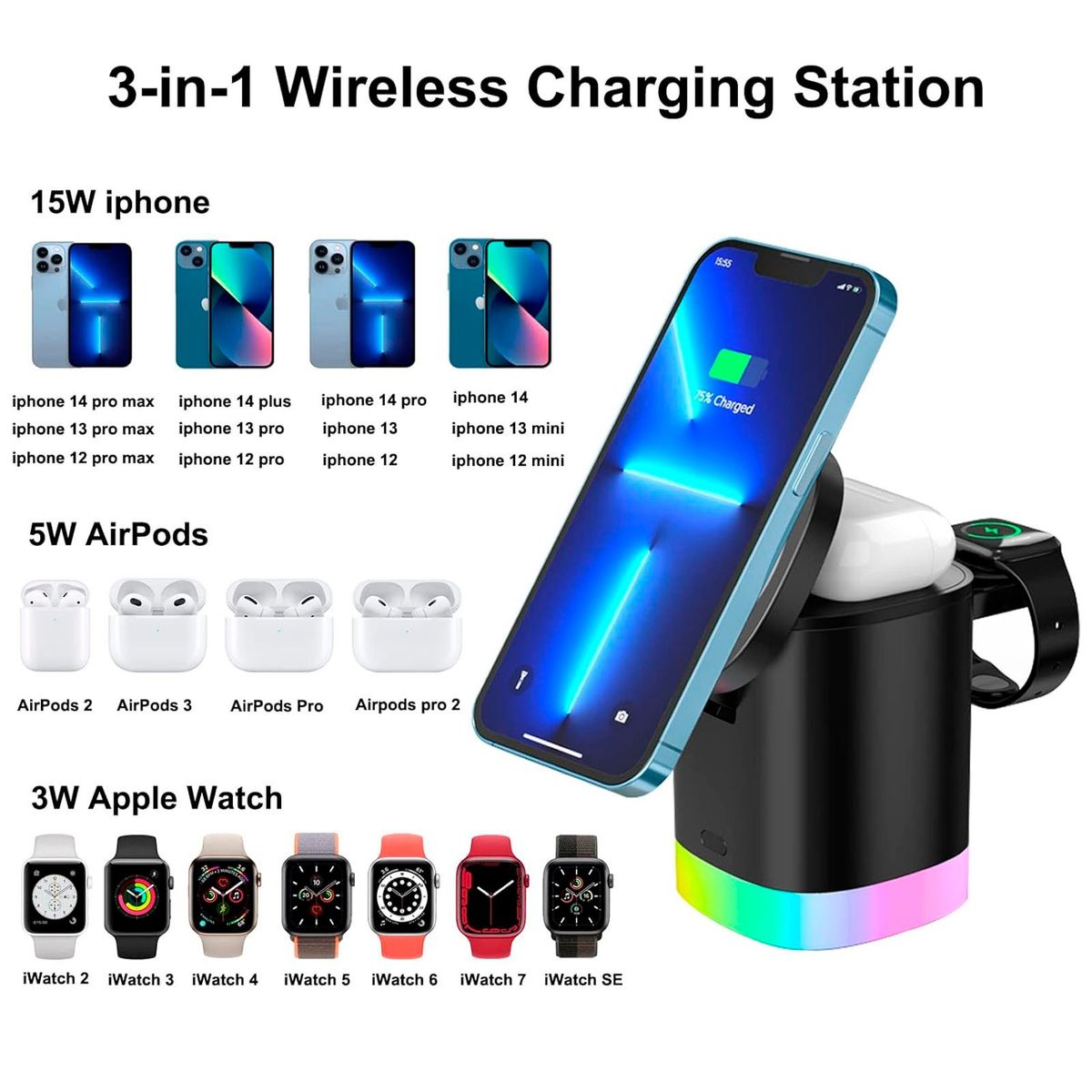 MOTOMO - Estacion Base De Carga Inalambrica Carga Rapida 15W 3en1 T15