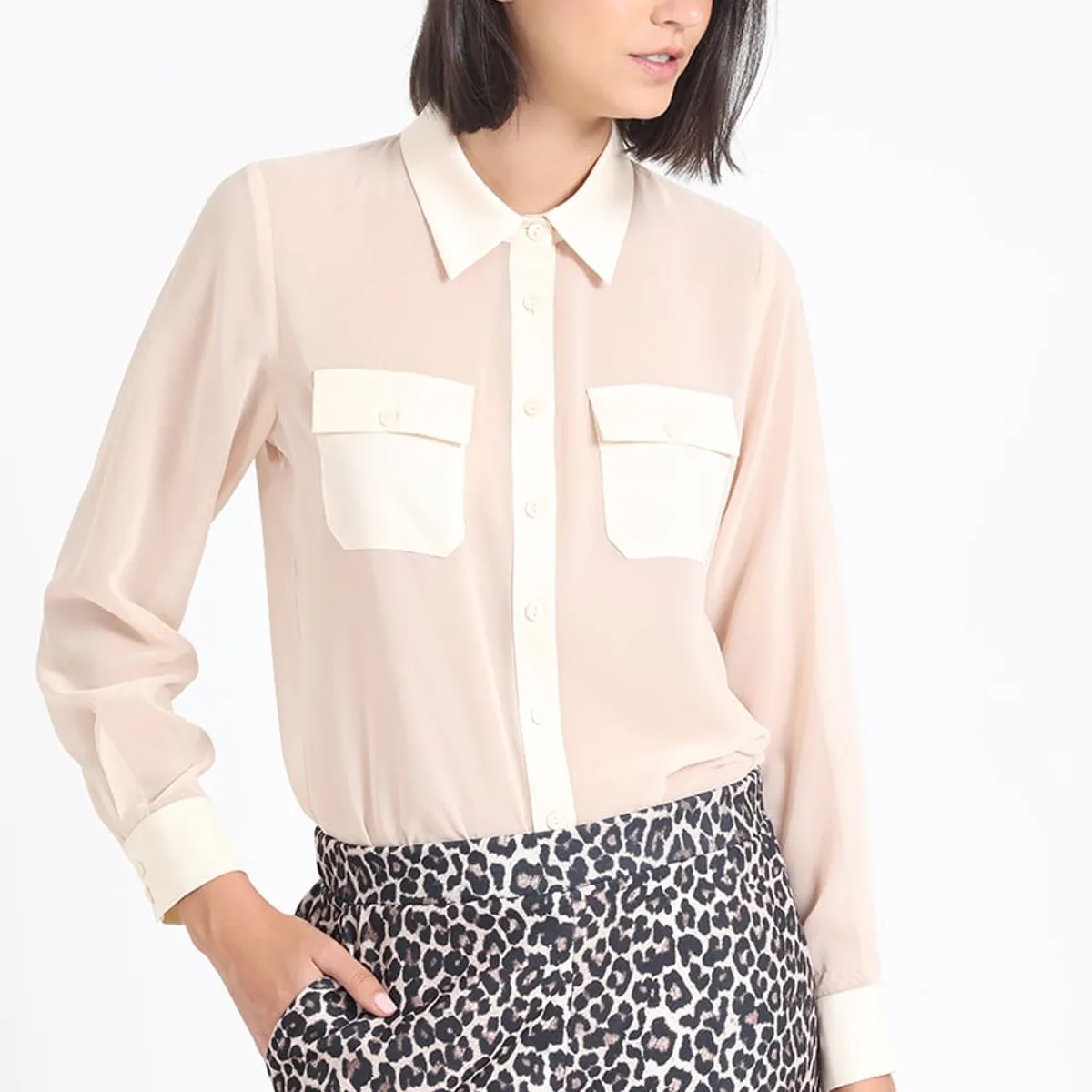 LIOLA - Blusa Gasa, Aplicación Satin, Beige Liola