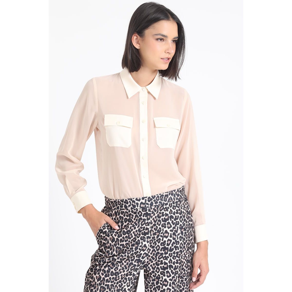 LIOLA - Blusa Gasa, Aplicación Satin, Beige Liola