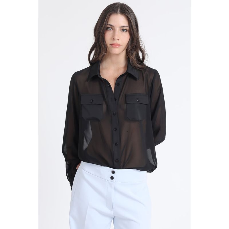 LIOLA - Blusa Gasa, Aplicación Satin, Negro Liola