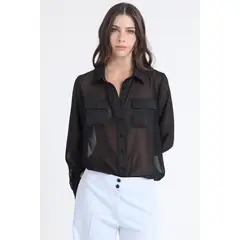 LIOLA - Blusa Gasa, Aplicación Satin, Negro