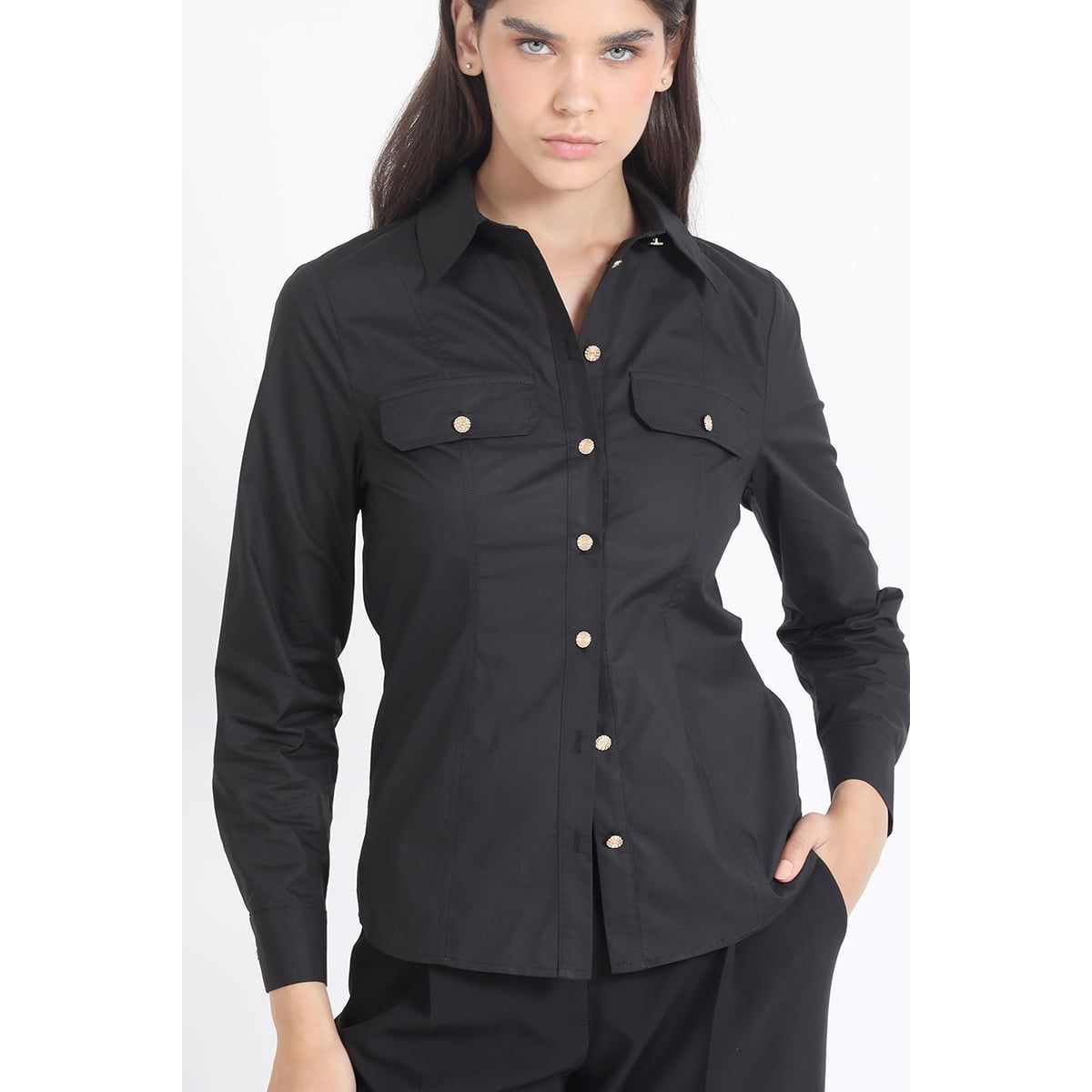 LIOLA - Camisa Entallada Algodón Poplin, Negro Liola