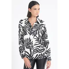 LIOLA - Camisa Satin Estampado Bicolor Hojas, Negro