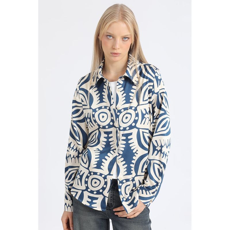 LIOLA - Camisa Satin Estampado Bicolor Boho, Azul Liola