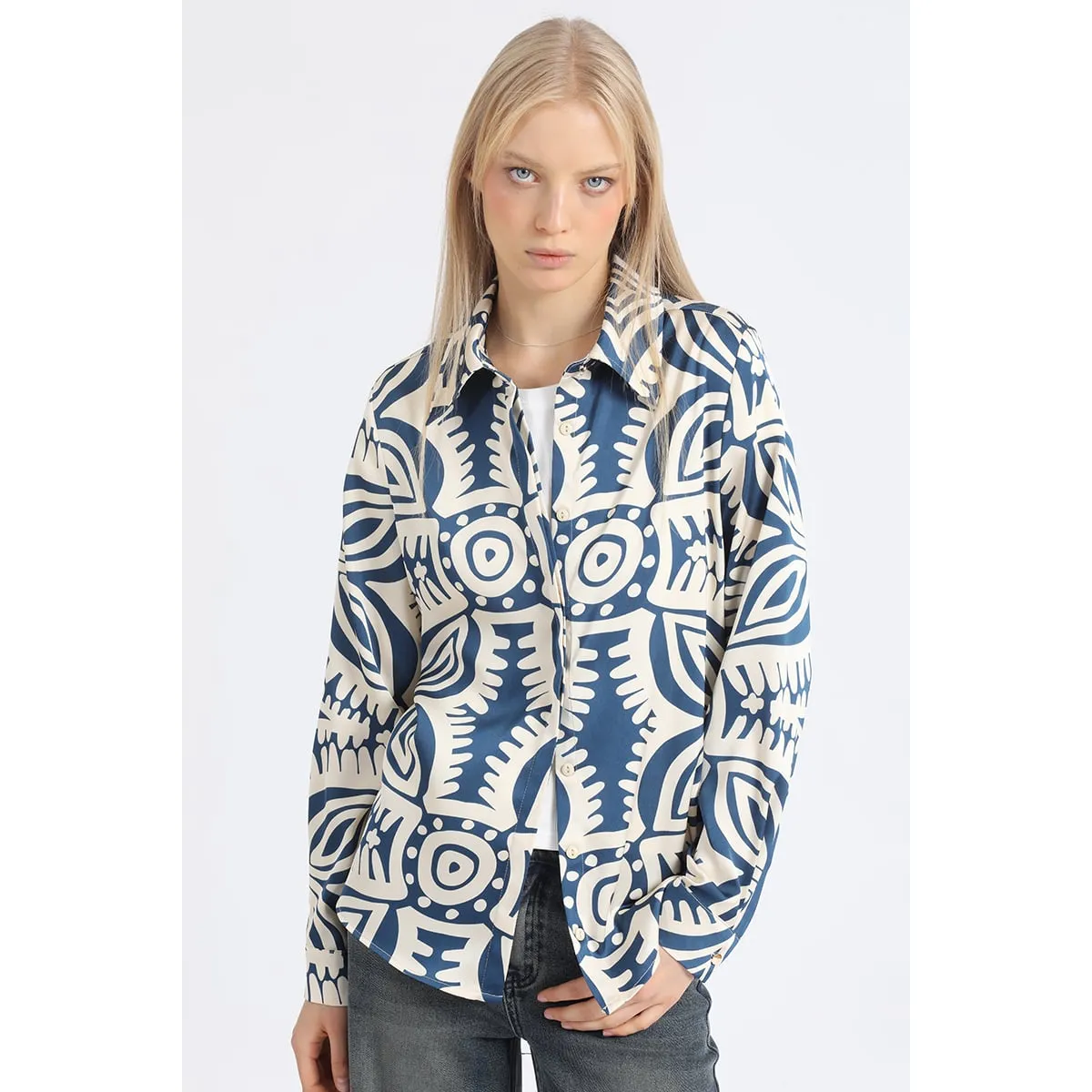 LIOLA - Camisa Satin Estampado Bicolor Boho, Azul Liola