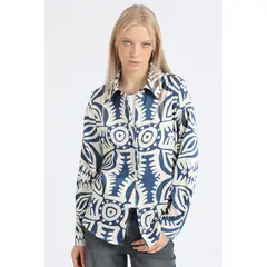 LIOLA - Camisa Satin Estampado Bicolor Boho, Azul