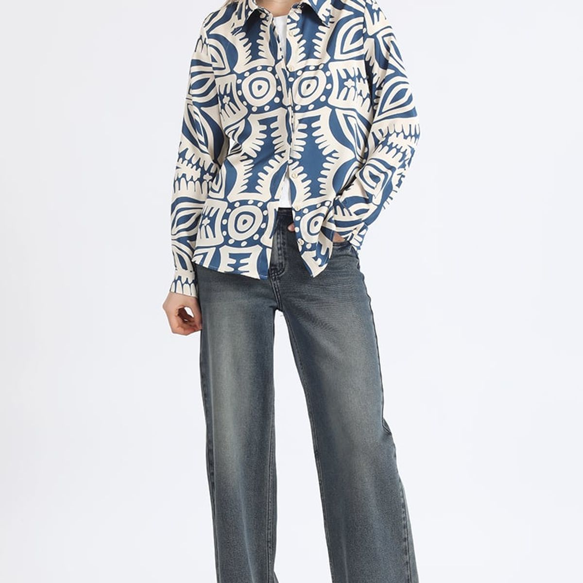 LIOLA - Camisa Satin Estampado Bicolor Boho, Azul Liola