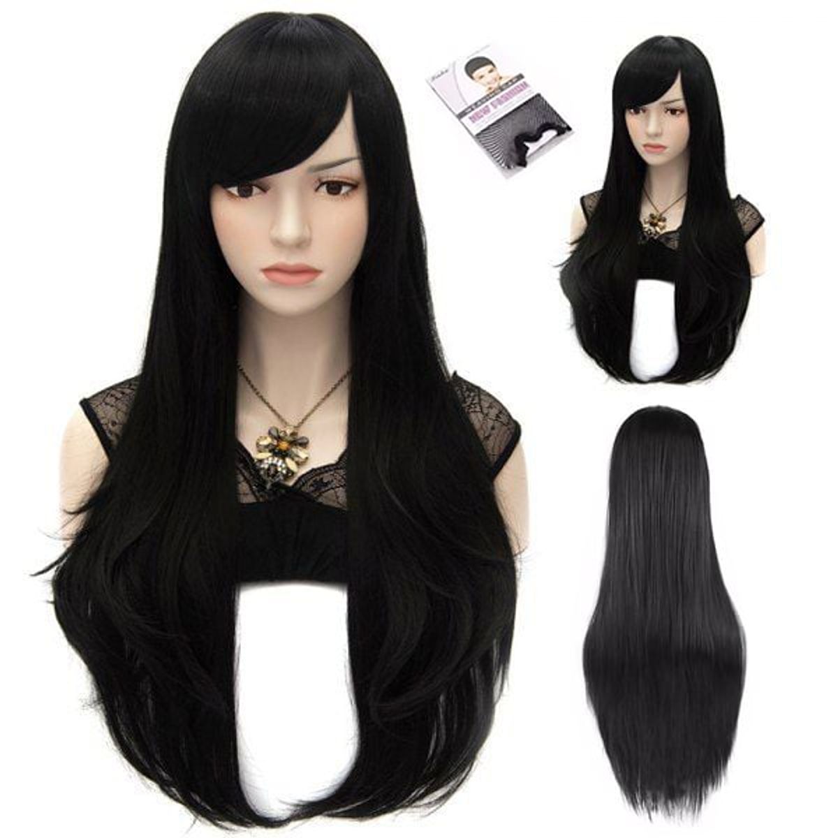 KUANGYE - Peluca Cosplay Lisa Color Negro Tonos Muy Naturales
