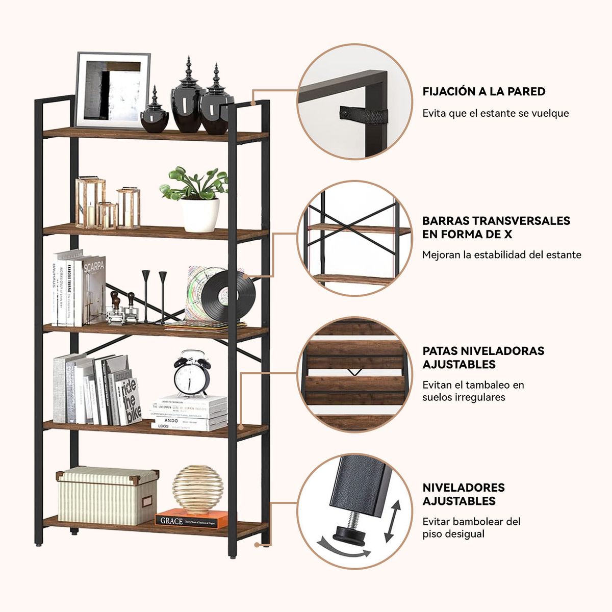 ROHE - ROHE Estante de 5 Repisas Multiuso 152x72x33cms Marrón