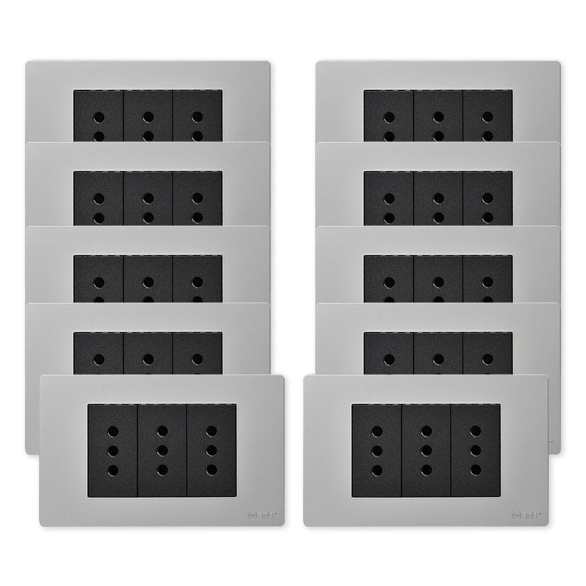 WANT - Pack 10 Tomacorriente Triple Metálico 10A - Gris Negro