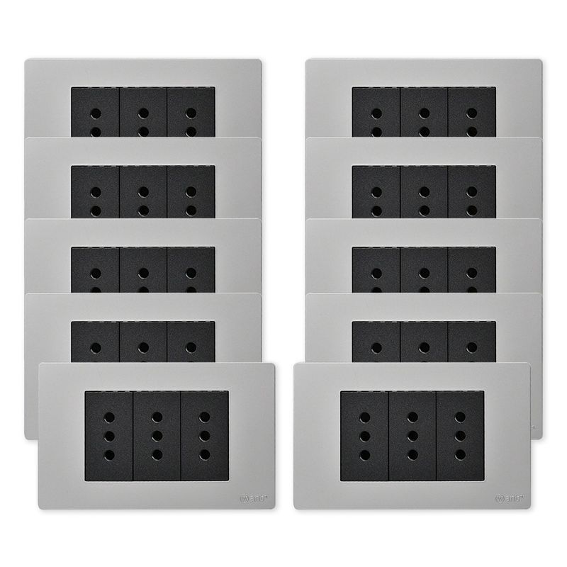 WANT - Pack 10 Tomacorriente Triple Metálico 10A - Gris Negro