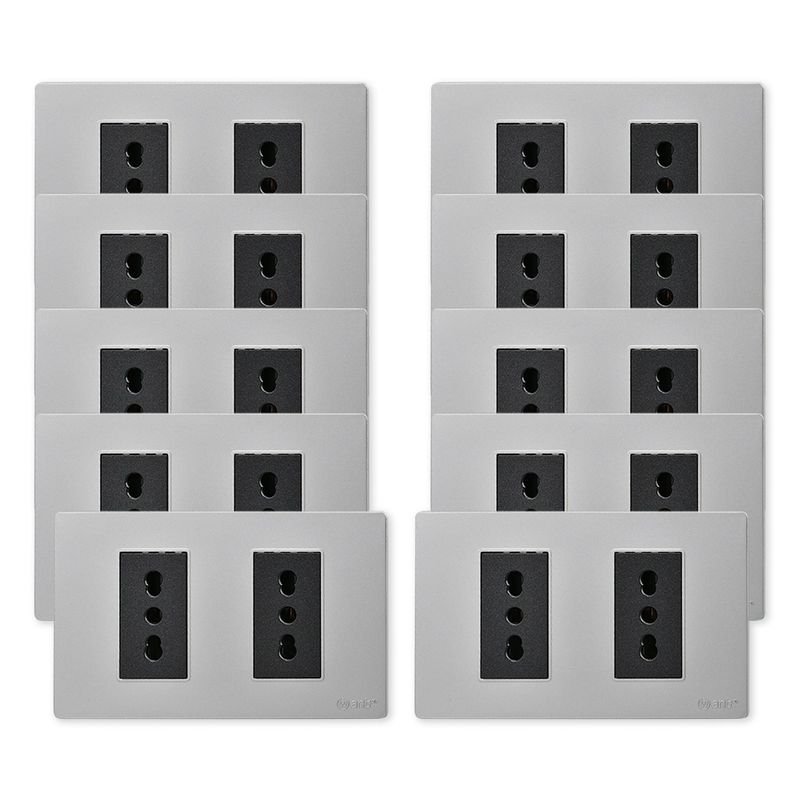 WANT - Pack 10 Tomacorriente Doble Metálico 16A - Gris Negro
