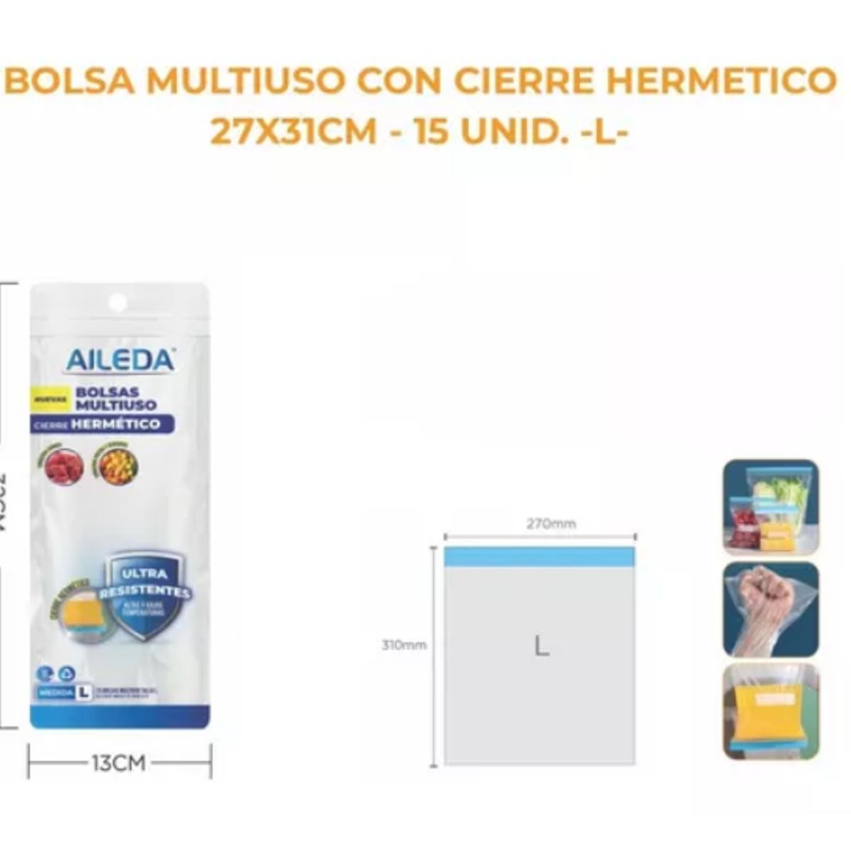 AILEDA - 15 Bolsas Con Cierre Hermético Para Alimentos 27x31cms