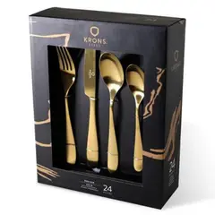 KRONS - Set Cubiertos 24 Pzs Gold Acero Inox Set Cuchilleria