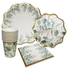 GENERICO - Platos Desechables Elegante 10 Personas Flores Verde 40 Pcs.