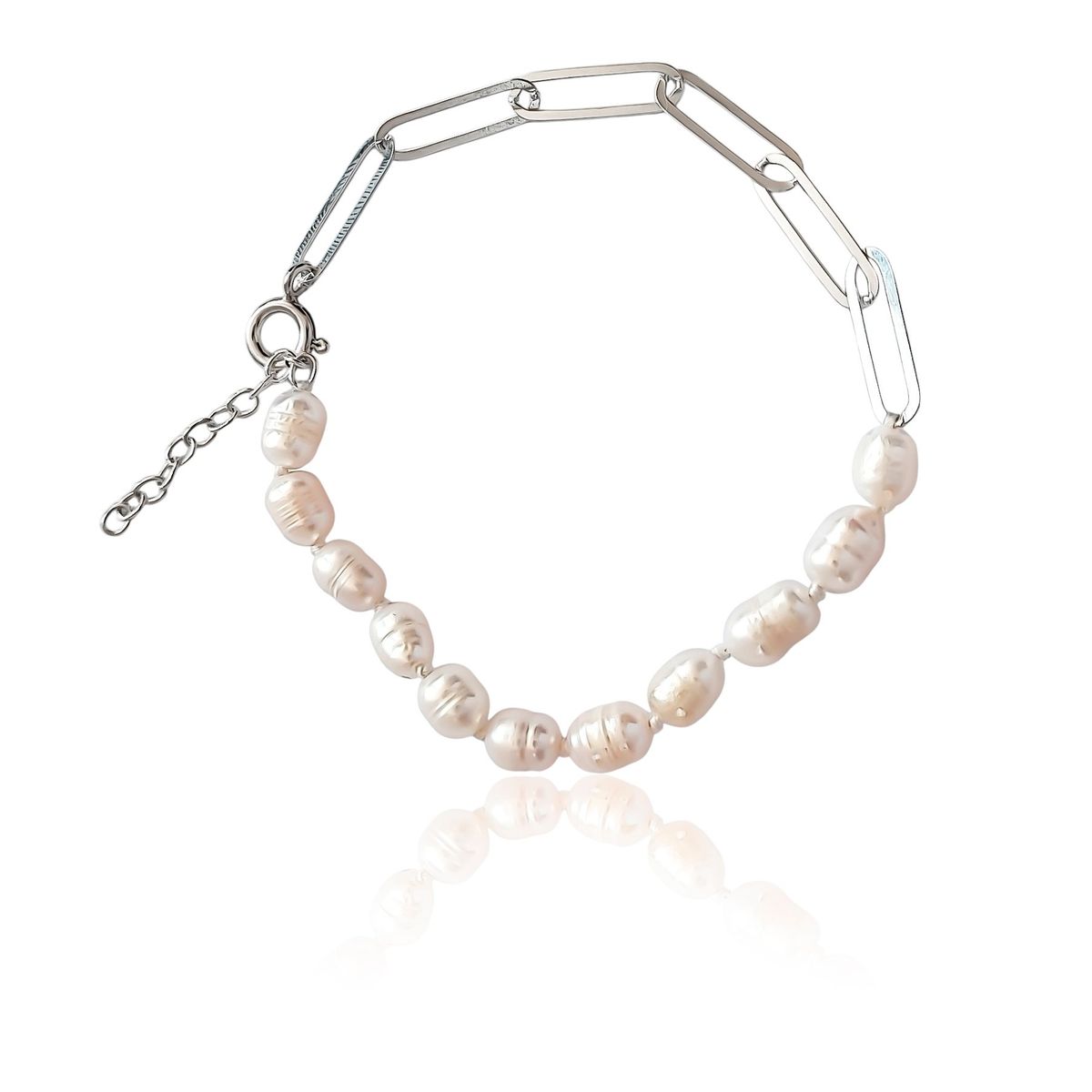 COGGIOLA - Pulsera Eslabón Alargado Perla Plata Fina 925