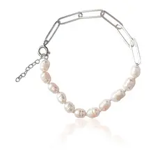 ANDREA COGGIOLA JOYAS - Pulsera Eslabón Alargado Perla Plata Fina 925