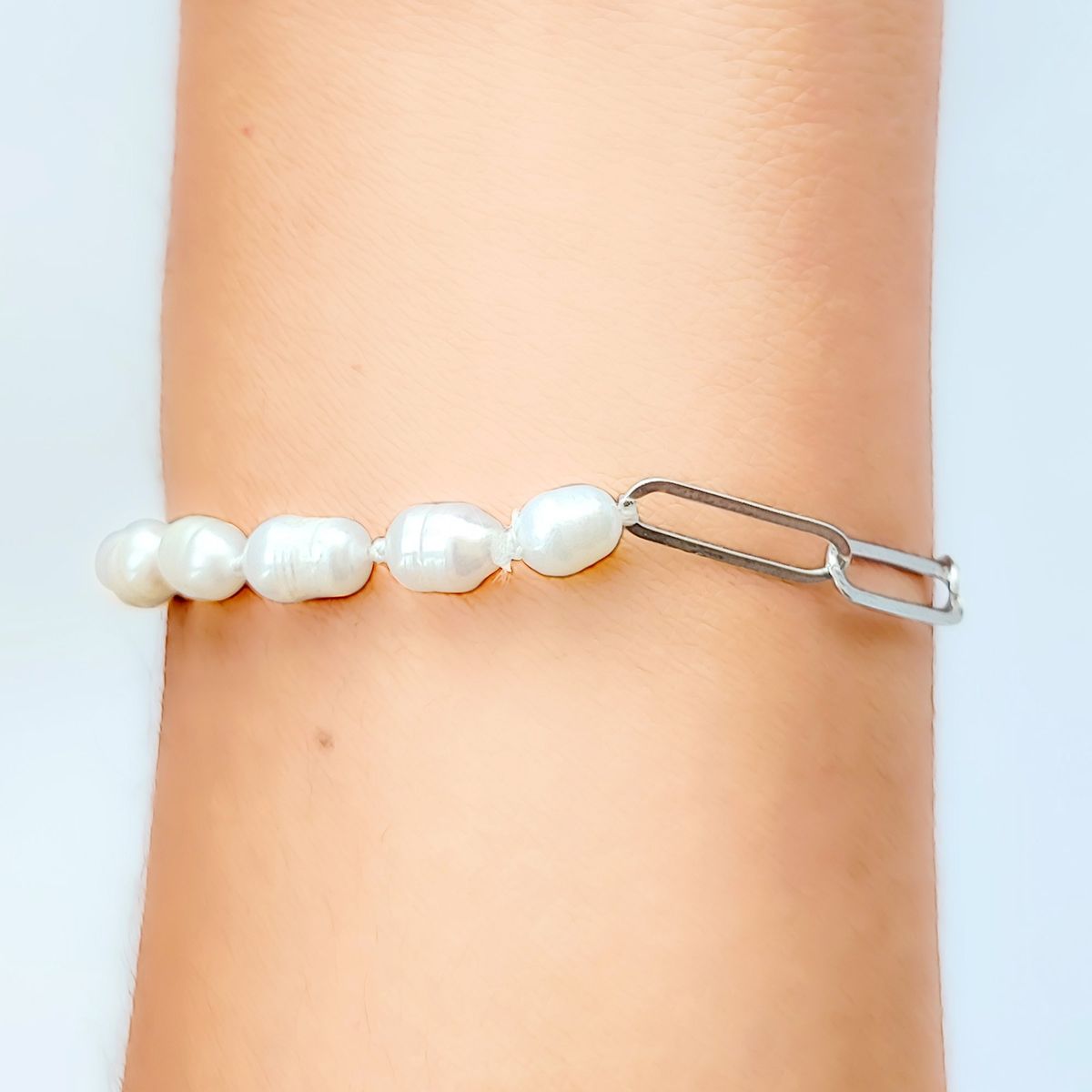 COGGIOLA - Pulsera Eslabón Alargado Perla Plata Fina 925