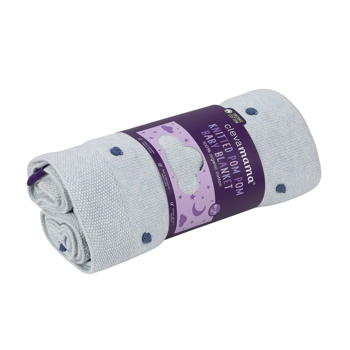 CLEVAMAMA - Clevamama Frazada Algodón Orgánico con Pompones - 80x100cm - CELESTE