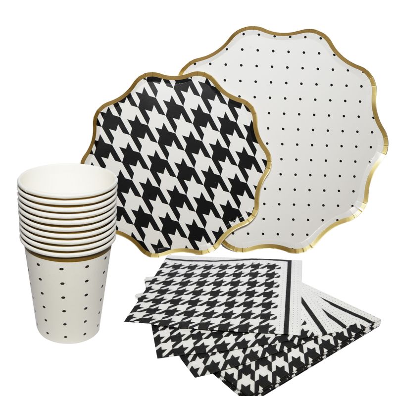 GENERICO - Platos Desechable Elegante 10 Personas Blanco Negro 40 Pcs
