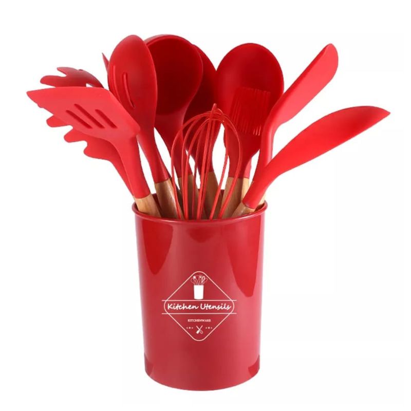 GENERICO - SET UTENSILIOS DE SILICONA ANTIADHERENTES 11 PIEZAS - ROJO
