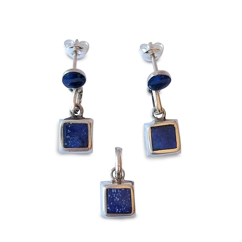 ANDREA COGGIOLA JOYAS - Set Aros Colgante Cuadrado Lapislázuli Plata Fina 925
