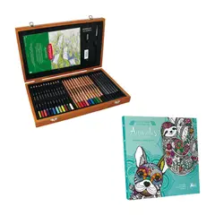 DERWENT - Libro Colorear Mandalas Animales + Set Lápices Caja Madera