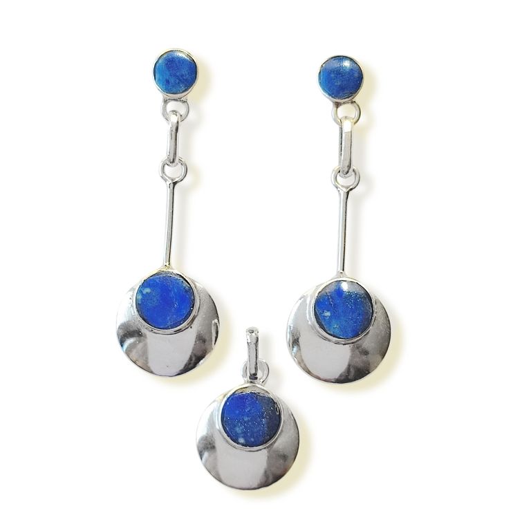 Set Lapislazuli Aros y Colgante Circulo Plata Fina 950 Azul TALLA UNICA